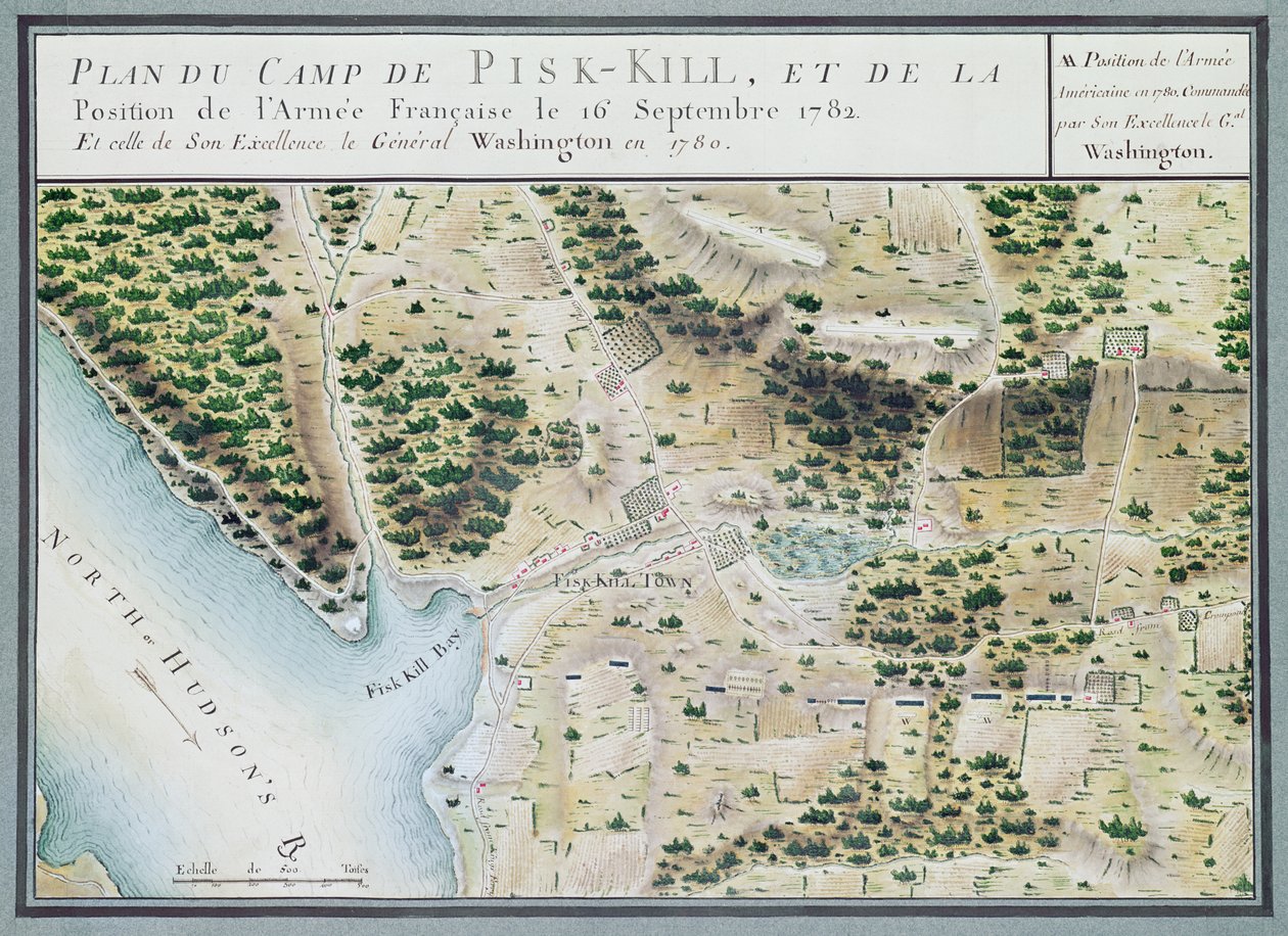 Mapa de Fisk-Kill e a posição do exército francês em 1782, de &39;Guerre de l&39;Amerique&39;, 1782 (gravura a cor) de F. Dubourg