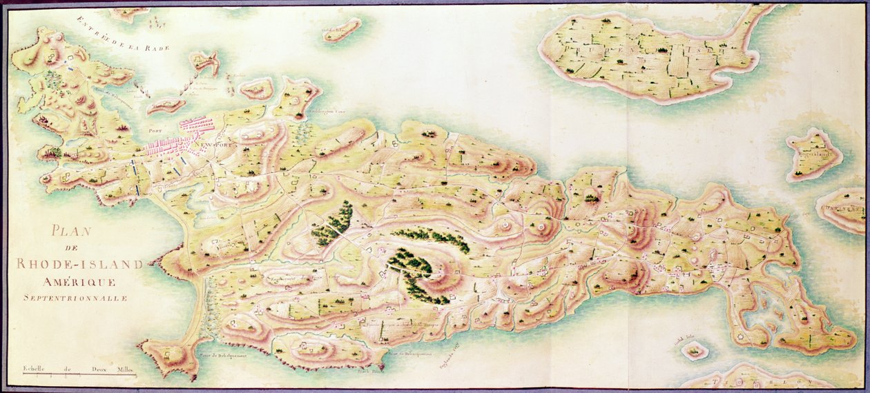 Mapa, de, rhode island, de, &39;The, guerra americana&39;, c.1780-81, (color, engraving) de F. Dubourg