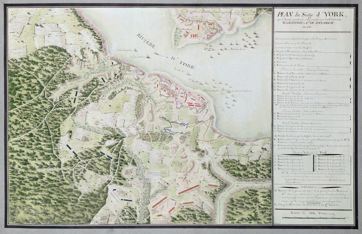 Mapa do cerco de York em 1781, de &39;Guerre de l&39;Amerique&39;, 1782 (cor da gravura) de F. Dubourg