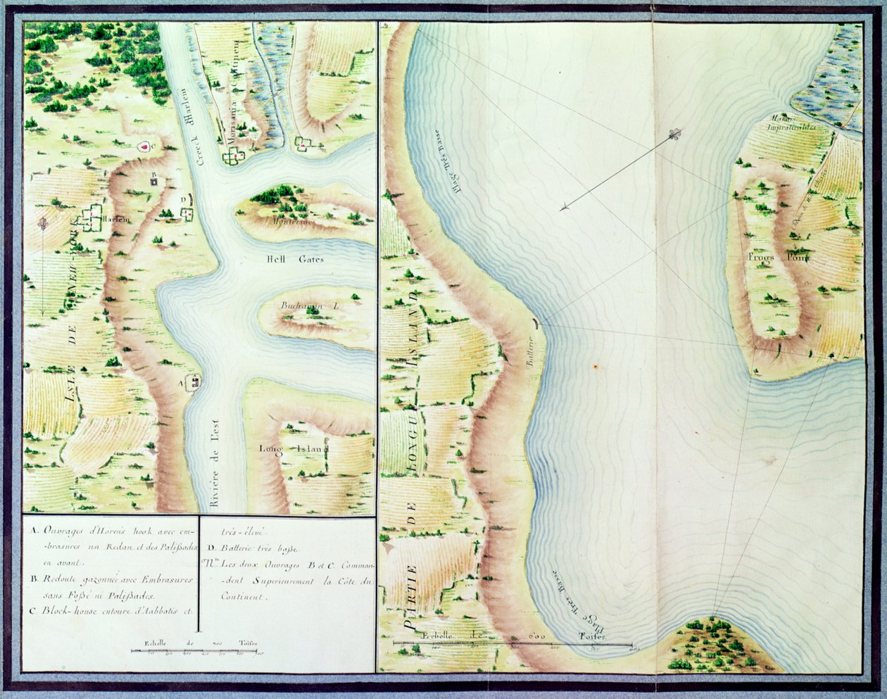 Reconhecimento da Ponte do Rei (Hell Gates), de &39;War of America&39;, c.1780-81 (gravura a cores) de F. Dubourg