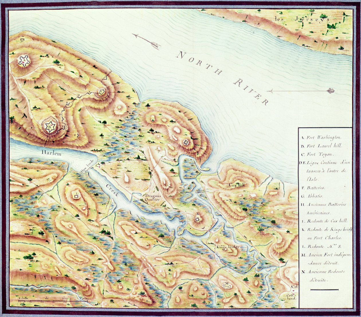 Reconhecimento da Ponte do Rei (Rio do Norte), de "A Guerra da América", c.1780-81 (gravura a cores) de F. Dubourg