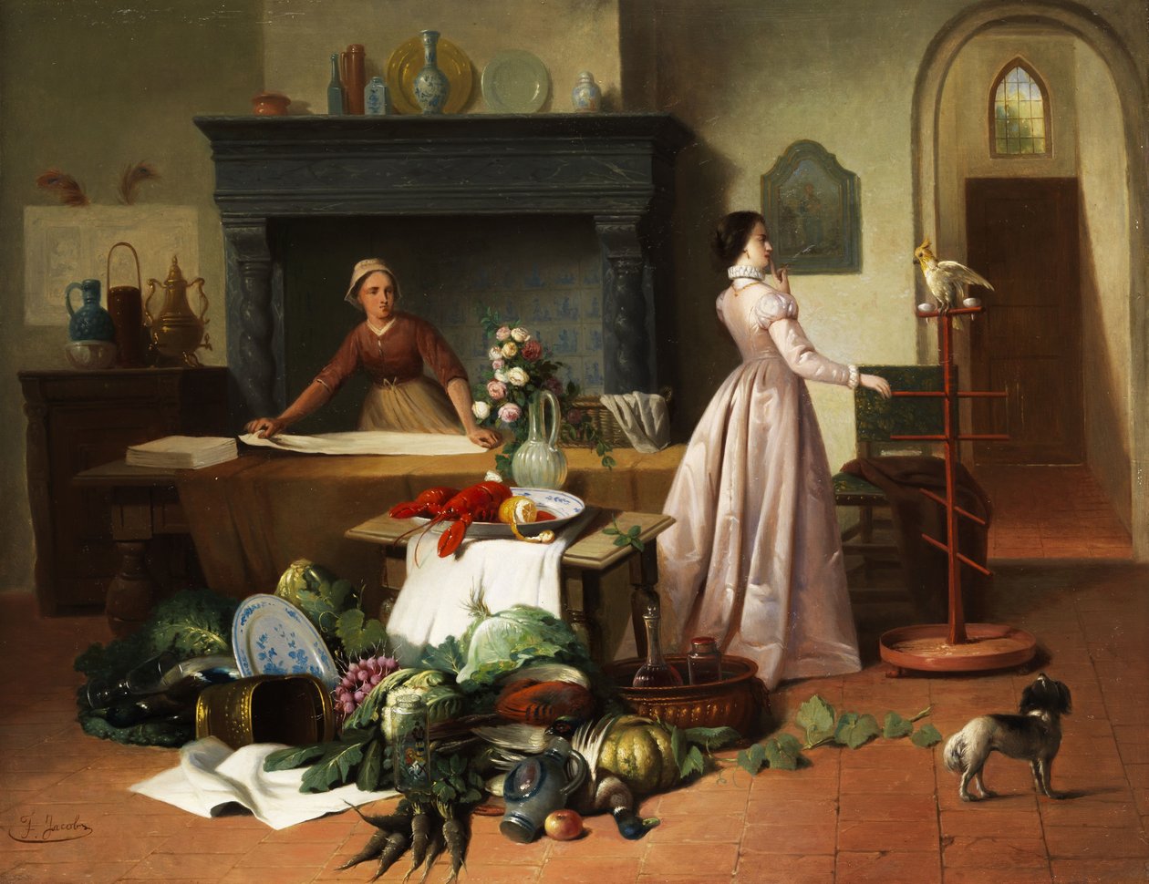Senhora elegante com cacatua em um interior com arranjo de vida ainda de F. Jacobs