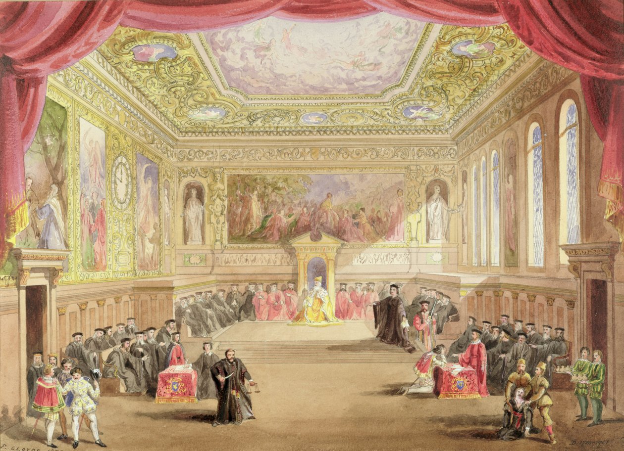 O Julgamento, Ato IV, Cena I da produção de Charles Kean de &39;O Mercador de Veneza&39;, Princesa Teatro, Londres, 12 de junho de 1858 (aquarela sobre papel) de F. Lloyds