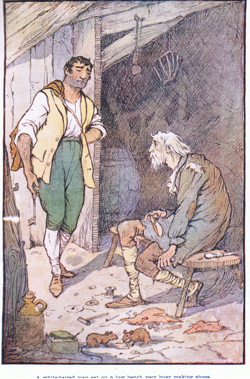 Um homem de cabelos brancos sentado em um banco baixo, muito ocupado fazendo sapatos de F. M. B. Blaikie