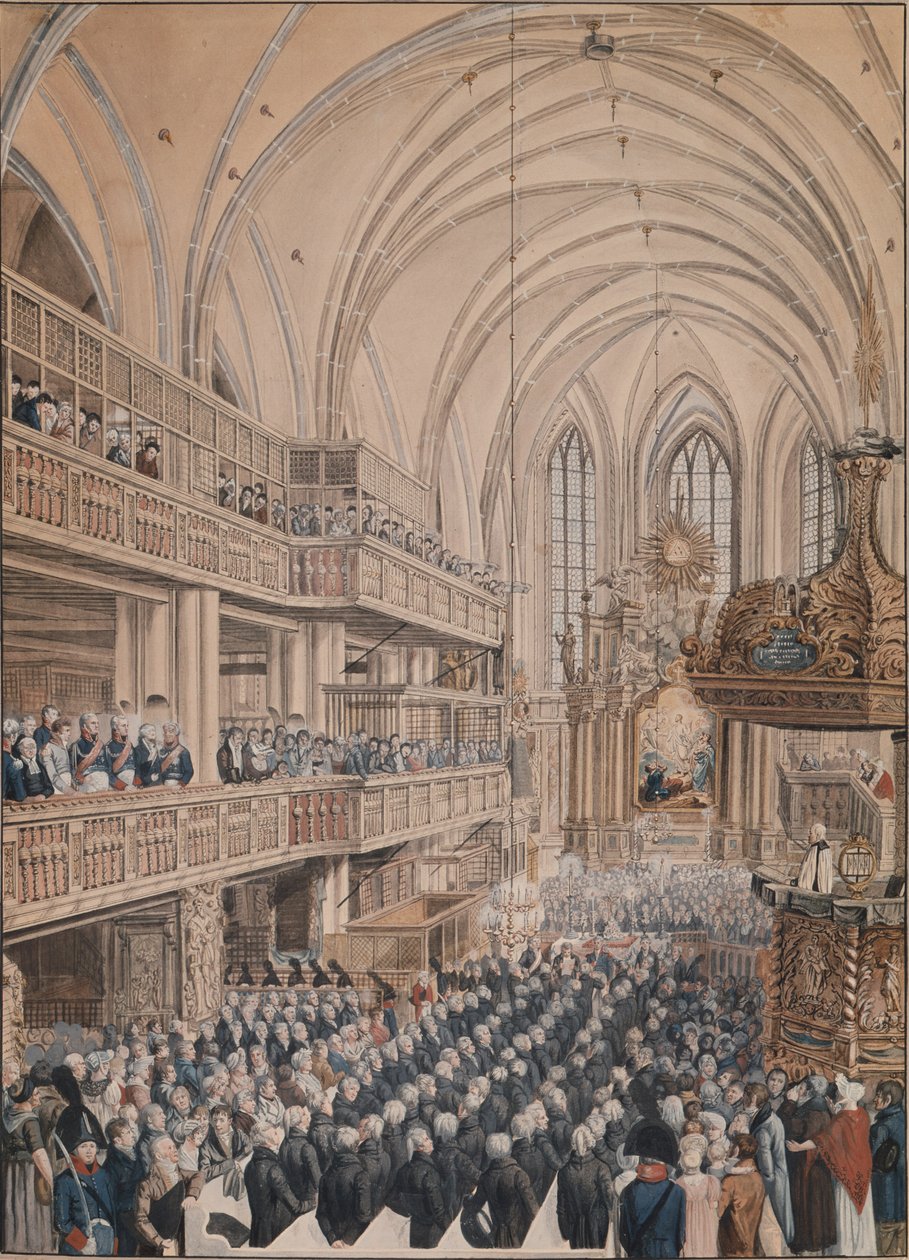 A inauguração dos conselheiros da cidade na Igreja de São Nicolau, 1808 (caneta e tinta no papel) de F.A. Calau