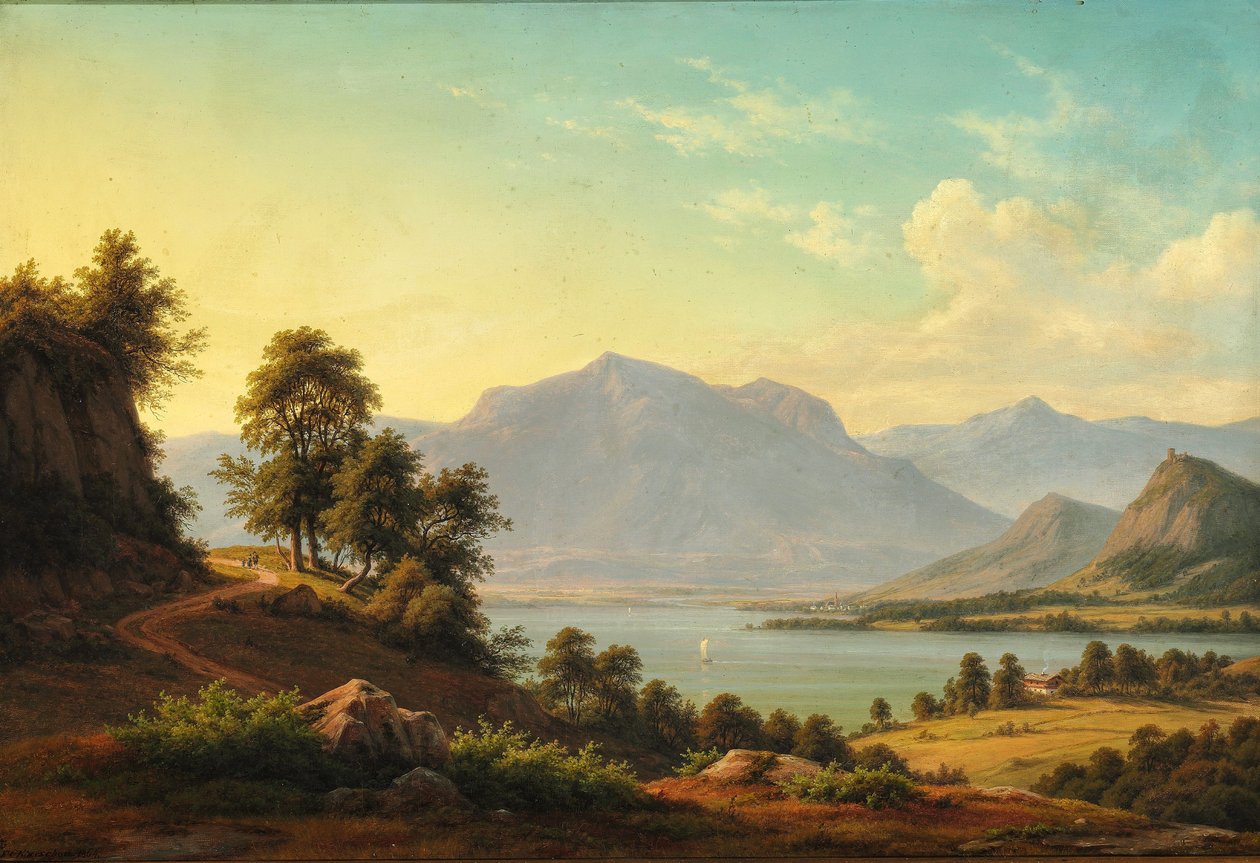 Paisagem alpina com rio e altas montanhas de F.C. Kiærskou