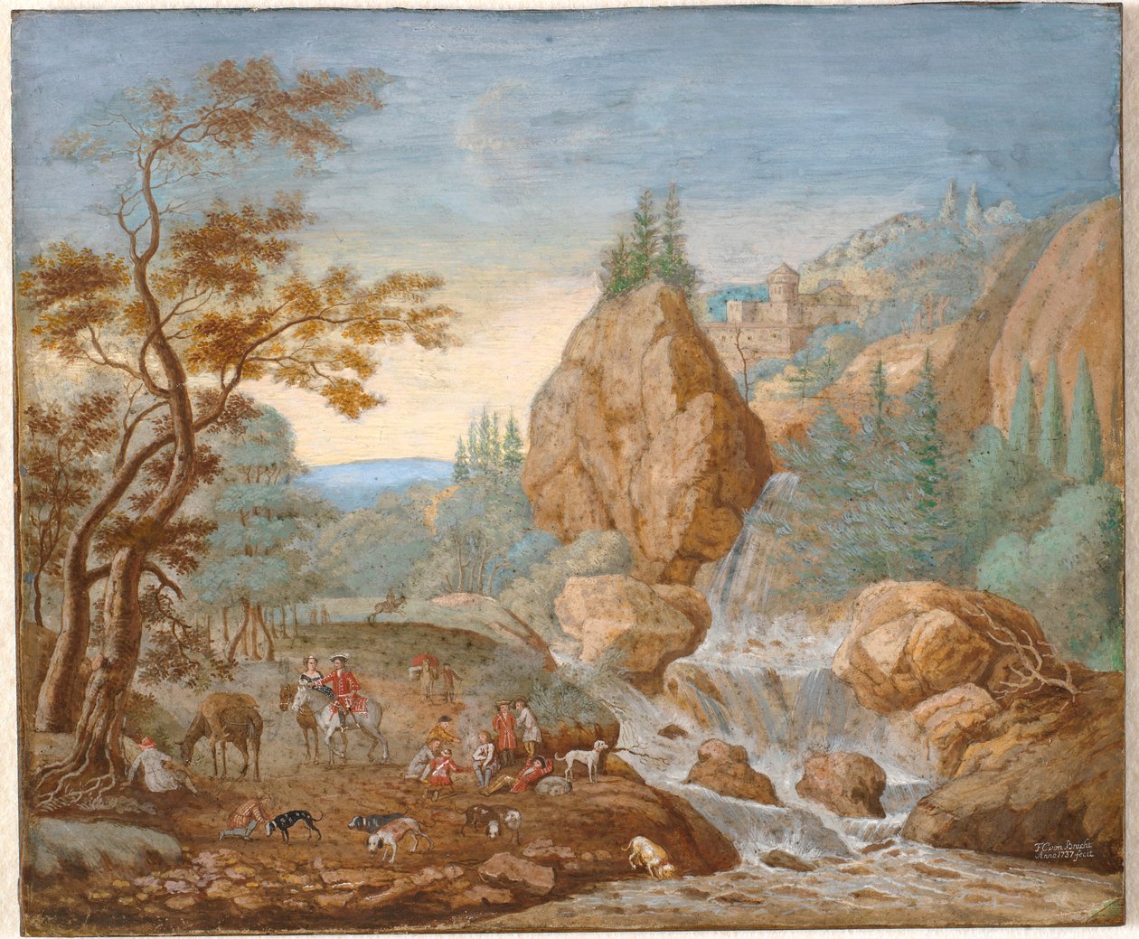 Paisagem de montanha com um grupo de caça em primeiro plano de F.C. van Bracht