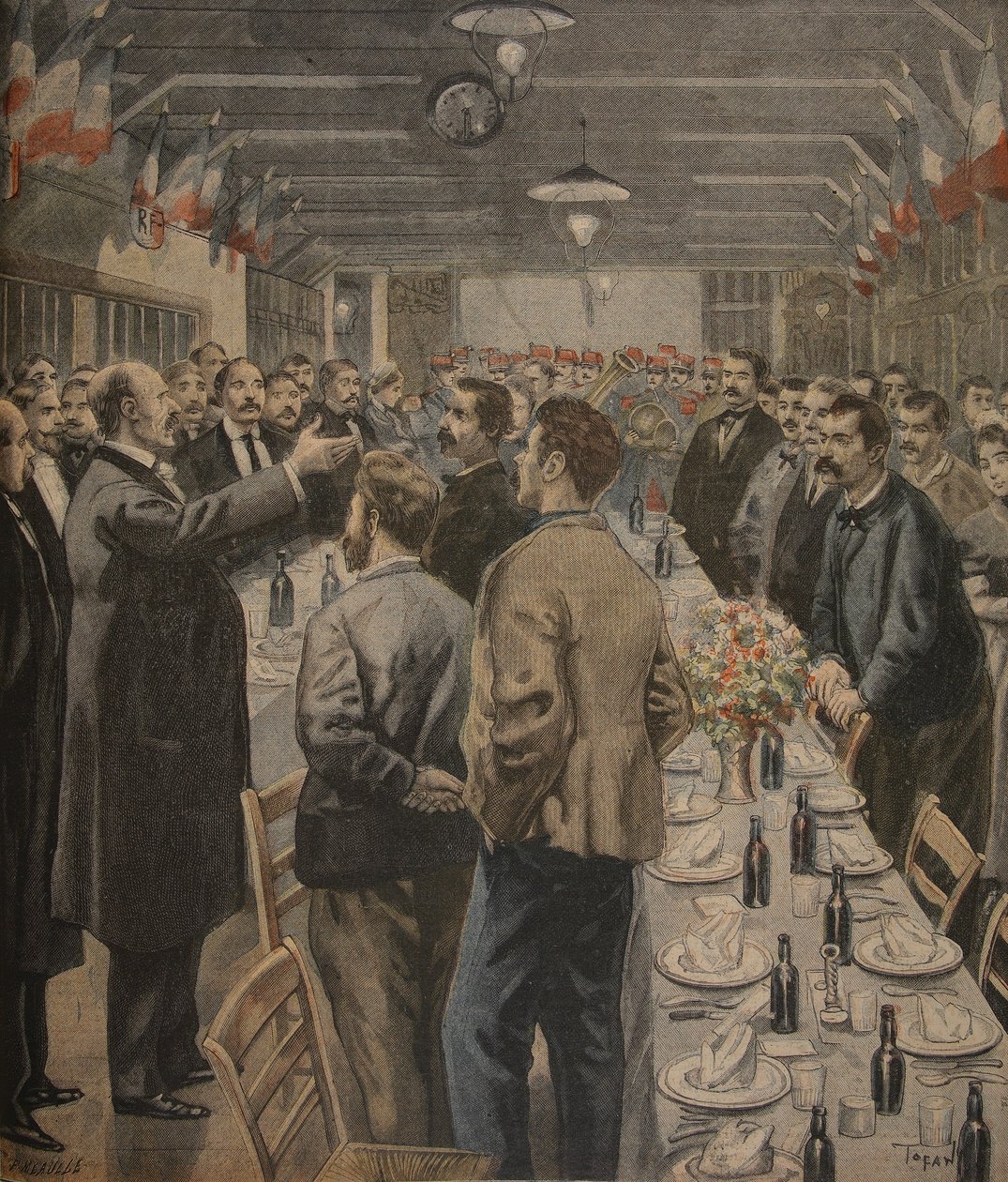 Jantares para os trabalhadores da Exposição Universal, 1900, ilustração de &39;Le Petit Journal: Suplemento Ilustre&39;, 23 de janeiro de 1898 de F.L. and Tofani, Oswaldo Meaulle