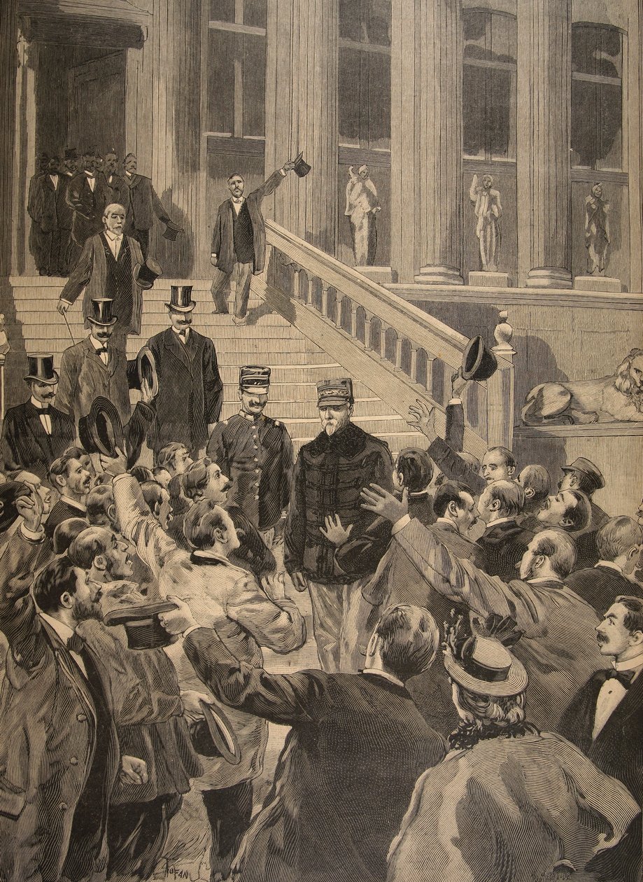 Gritos Triunfais dos Oficiais na Saída de Zola, ilustração de &39;Le Petit Journal: Suplemento Ilustre&39;, 20 de fevereiro de 1898 de F.L. and Tofani, Oswaldo Meaulle