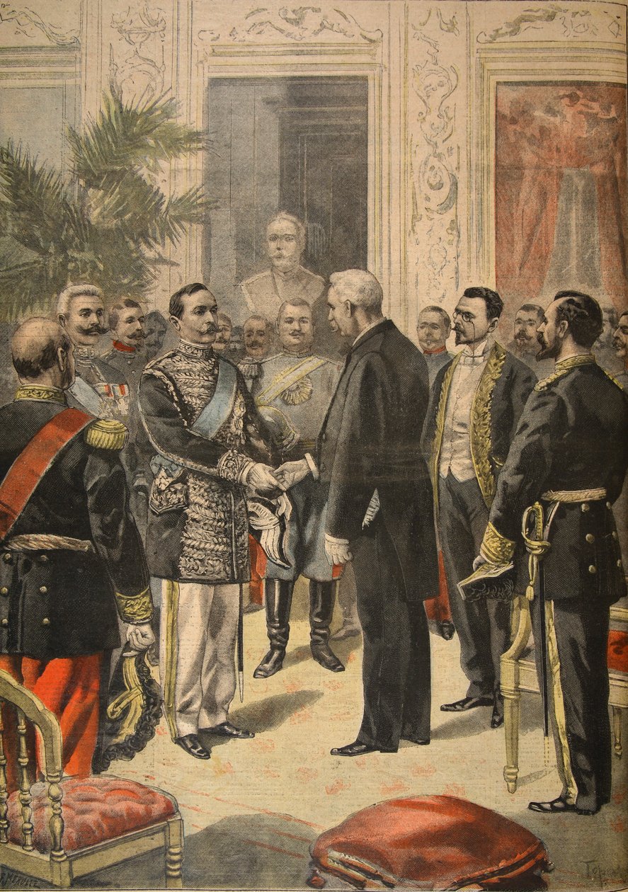 O embaixador da Rússia, príncipe Ourousoff no Elysee, ilustração de &39;Le Petit Journal: Suplemento illustre&39;, 6 de março de 1898 de F.L. and Tofani, Oswaldo Meaulle