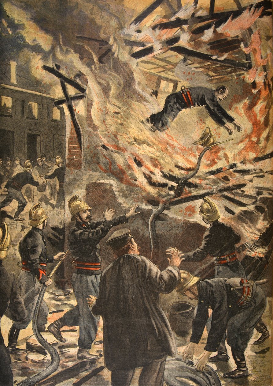 A morte do bombeiro Bailly em Bourges, ilustração de &39;Le Petit Journal: Suplemento illustre&39;, 13 de fevereiro de 1898 de F.L. and Tofani, Oswaldo Meaulle
