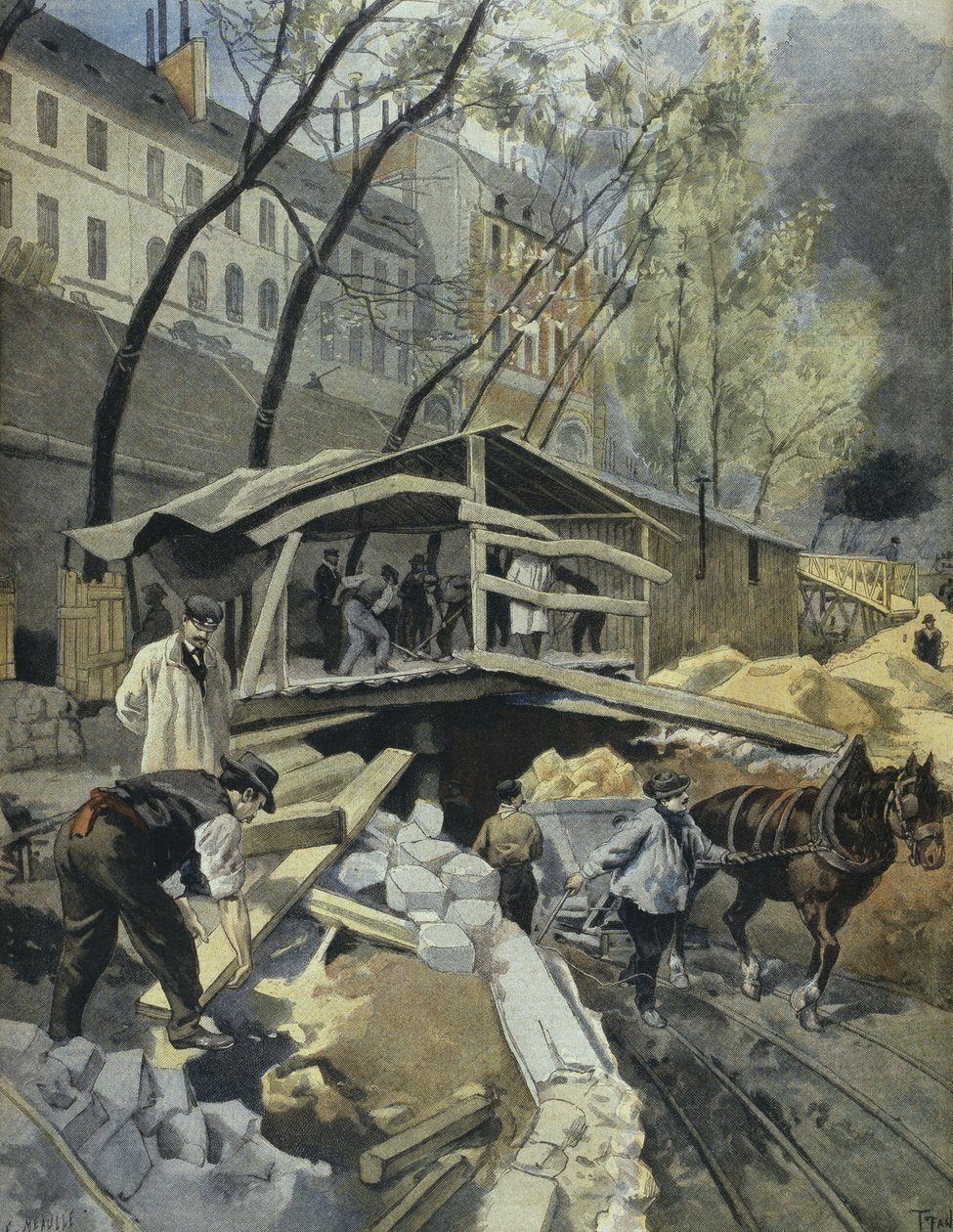 Trabalhando na metropolitana, Paris, ilustração de &39;Le Petit Journal: Suplemento illustre&39;, 14 de maio de 1899 de F.L. and Tofani, Oswaldo Meaulle
