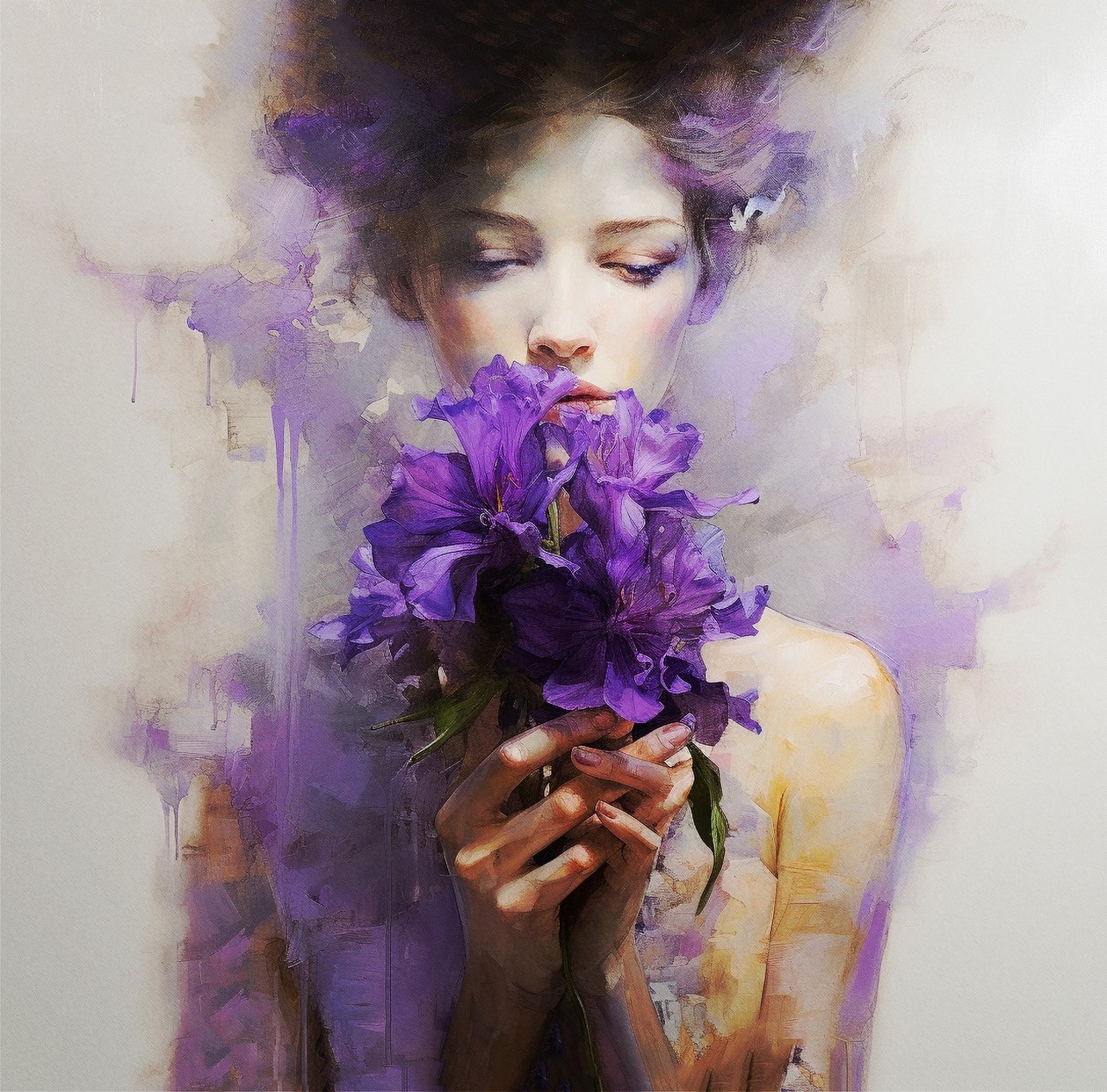 Uma mulher bonita usa flores púrpura abstractas, Arte de parede | Impressões em tela de F. Abderrahim
