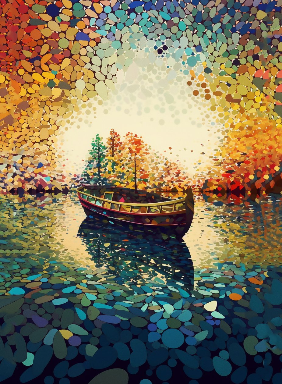 Um barco num lago caleidoscópico, arte caleidoscópica para impressão, impressão de parede de F. Abderrahim