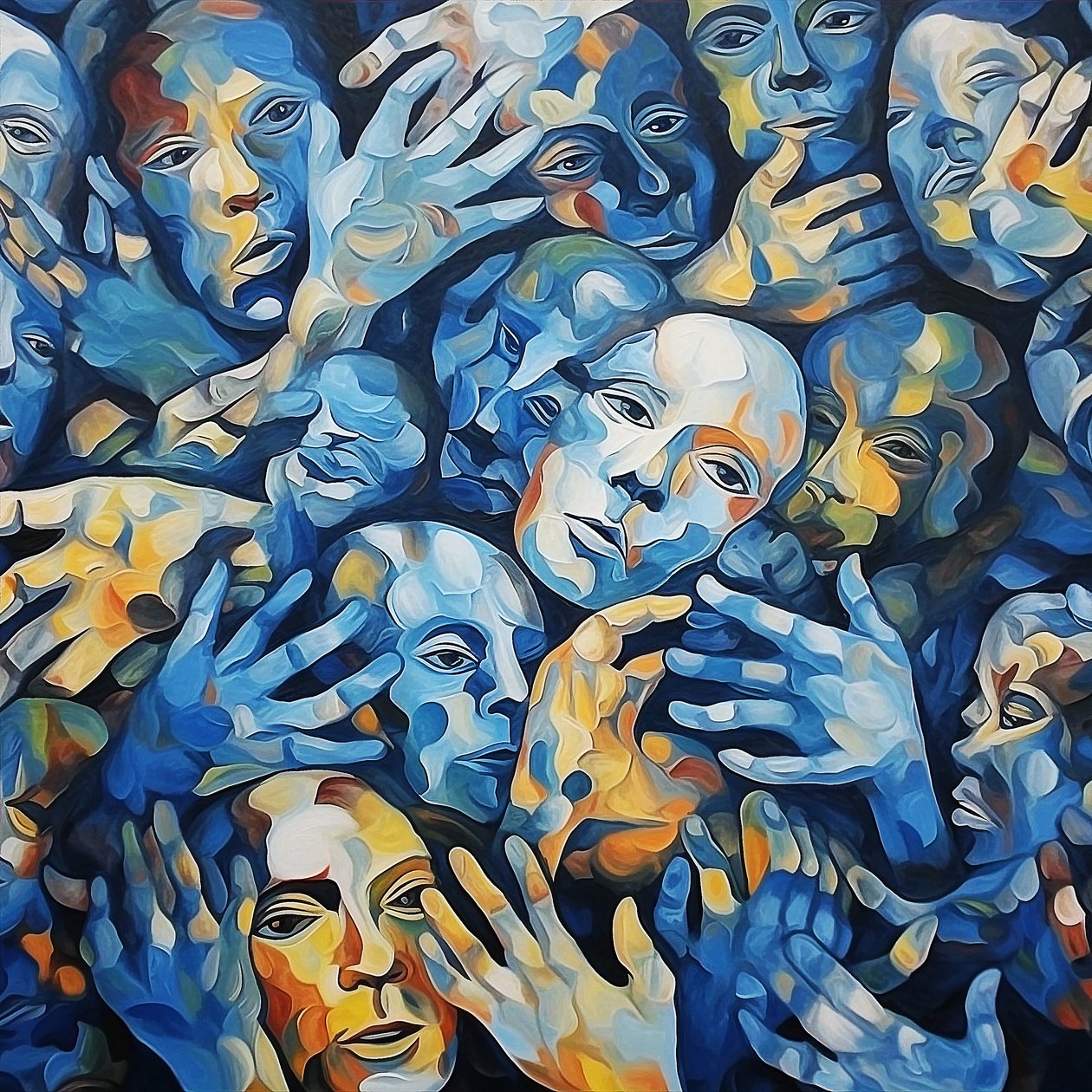 Uma multidão de rostos sobre tela, Pintura de arte mural contemporânea, impressão a pedido de F. Abderrahim