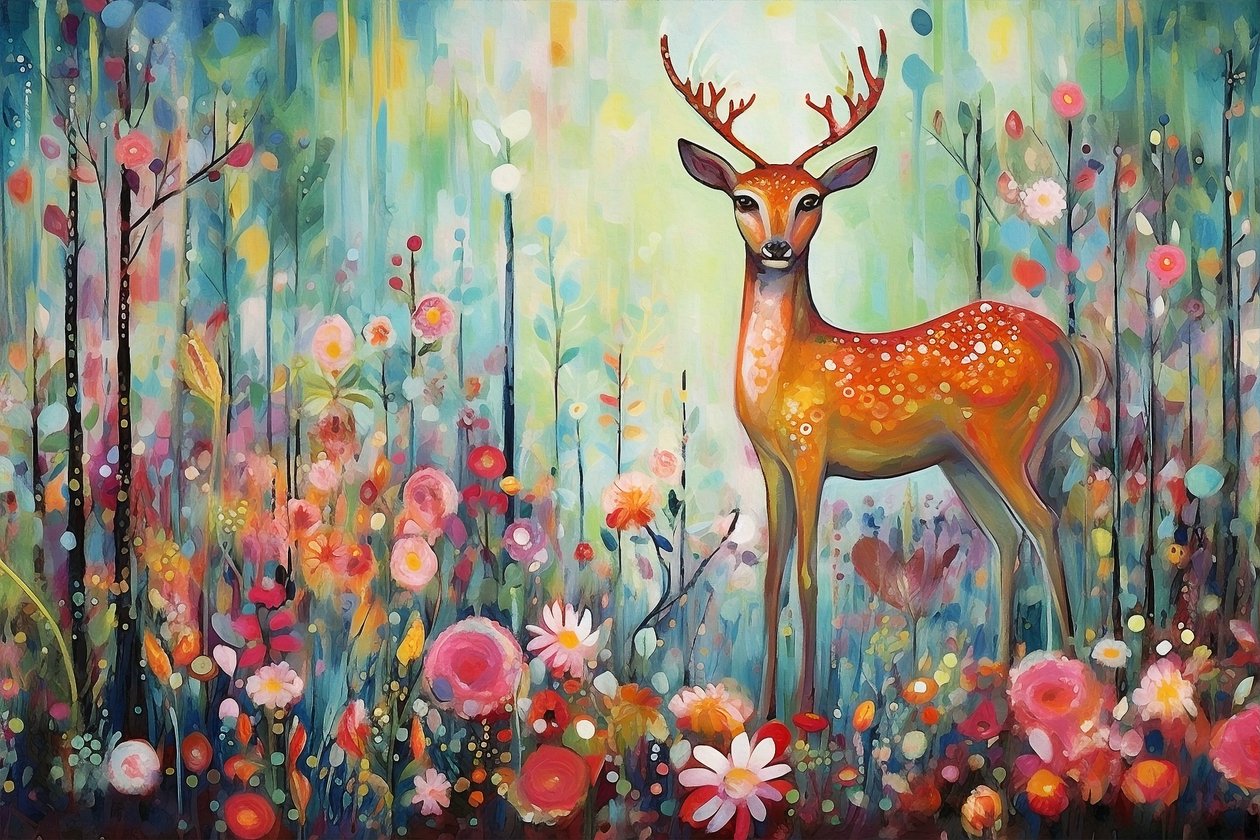 Um animal veado na natureza e flores, cores vivas, impressões de arte de parede emolduradas de F. Abderrahim