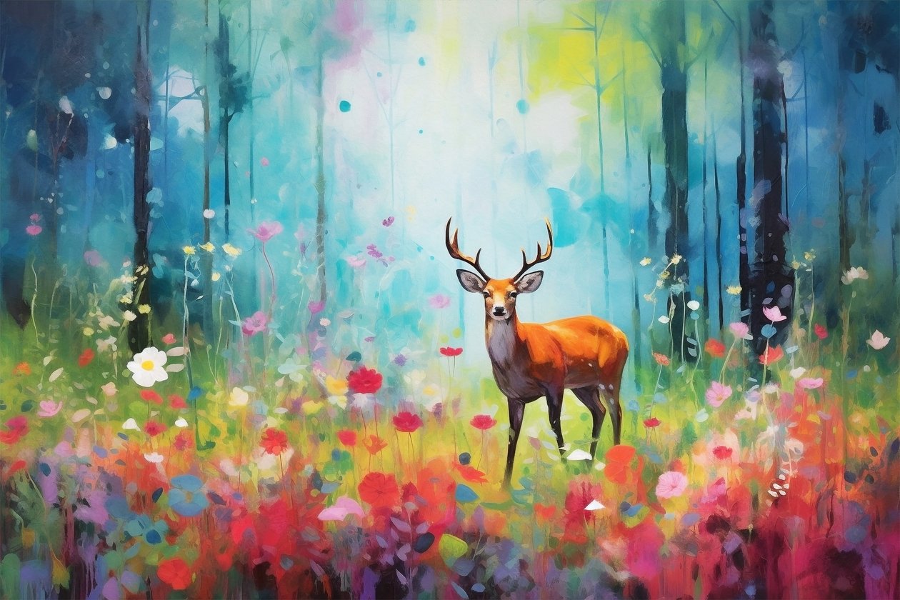 Um animal veado na natureza e árvores da floresta, cores vivas, impressões de arte em tela de F. Abderrahim