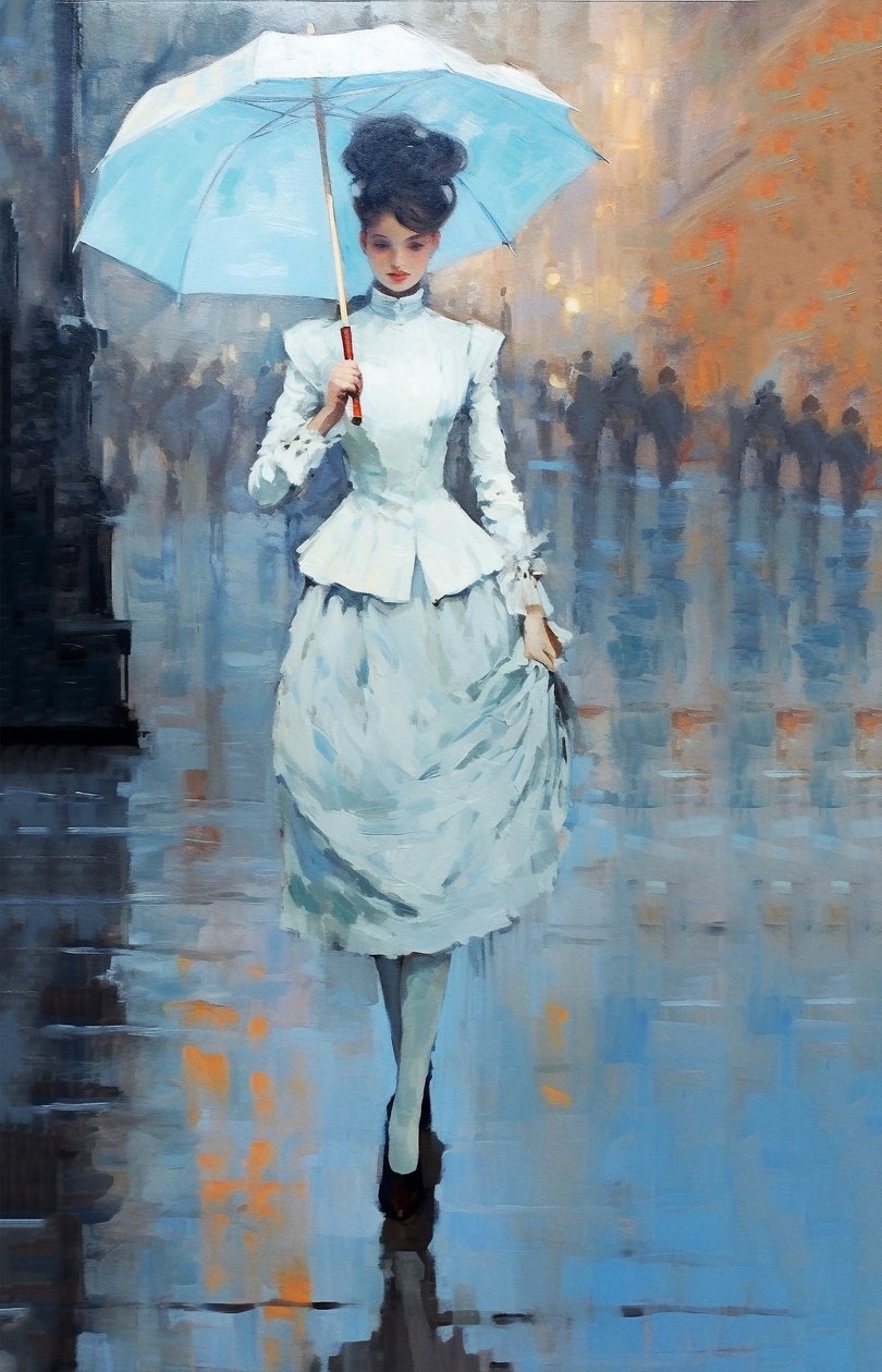 Uma jovem mulher na rua com um guarda-chuva na mão, impressões artísticas de F. Abderrahim