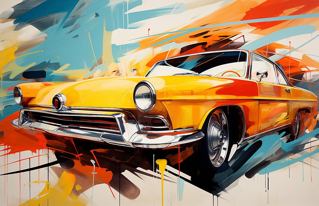 Pintura abstrata de carros americanos antigos, anos 70 e 60, impressão de arte mural de F. Abderrahim