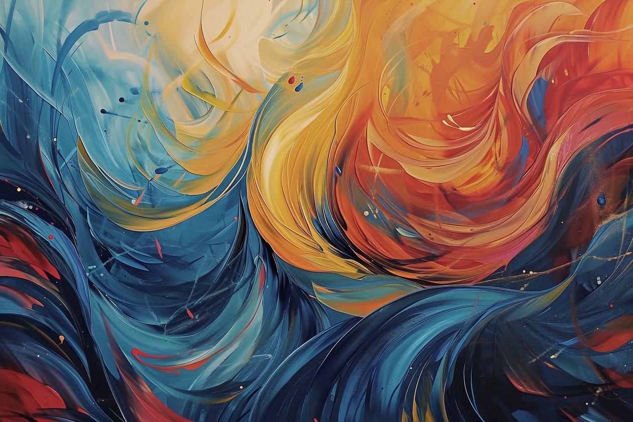 Composição de pintura abstrata em ondas de laranja, azul e amarelo, impressões artísticas de F. Abderrahim