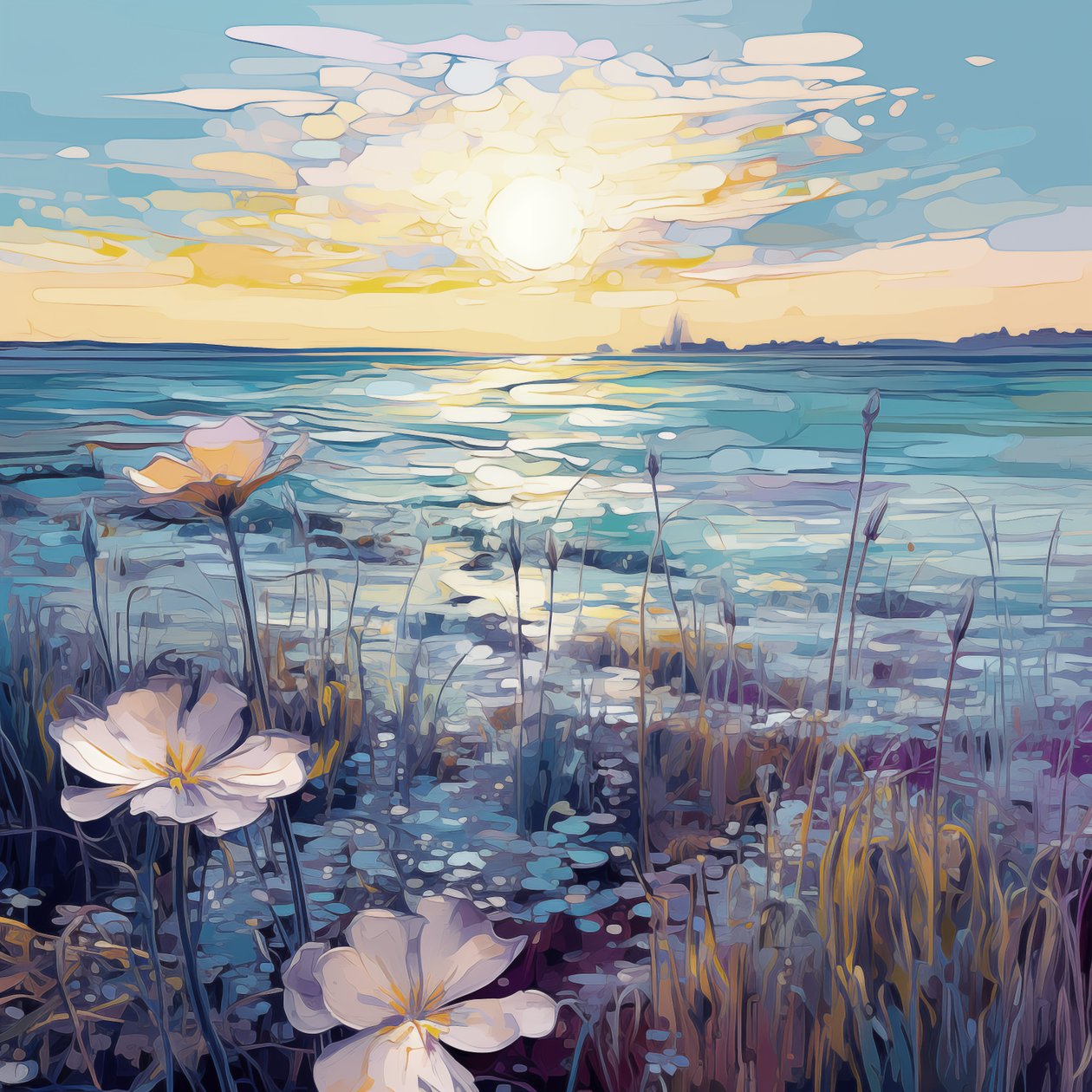 Flores roxas abstractas no lago azul, impressões murais personalizadas, decoração de quarto de F. Abderrahim