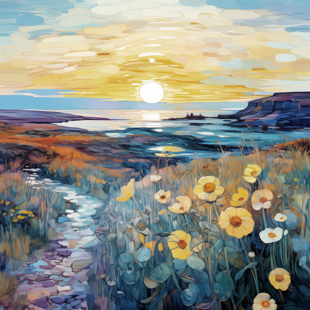 Flores roxas abstractas ao nascer do sol Pintura de paisagem, Impressões de parede de F. Abderrahim