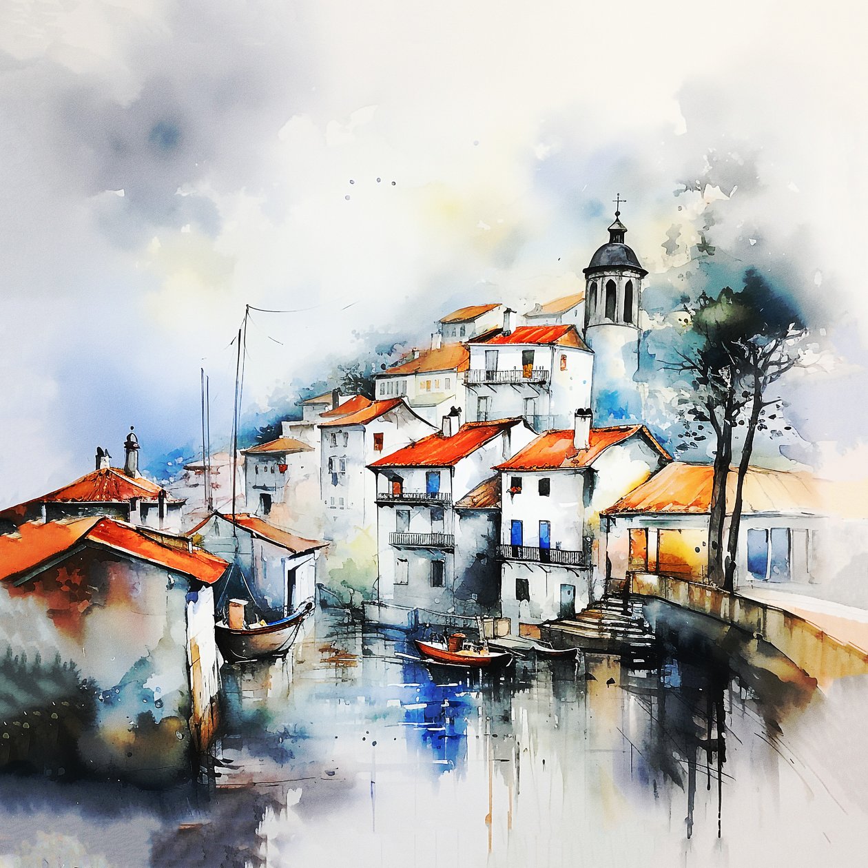 Pintura de paisagem, aldeia e rua em aguarela abstrata, decoração de hall e sala de estar de F. Abderrahim