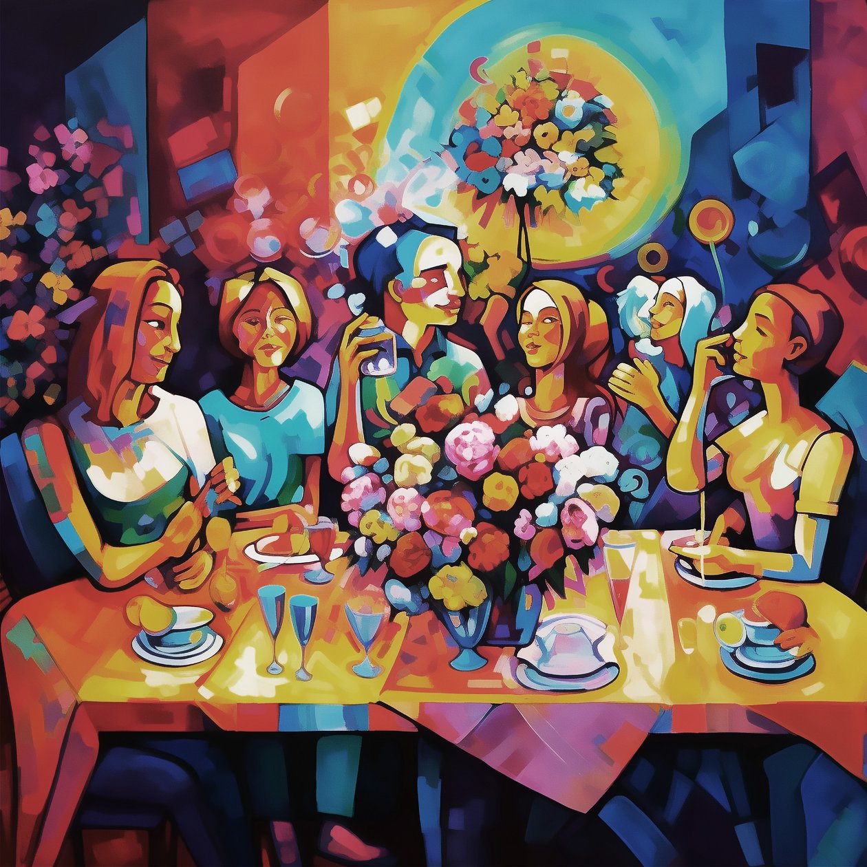 Ilustração abstrata, jantar de família feliz, a cores, impressão de arte mural de F. Abderrahim