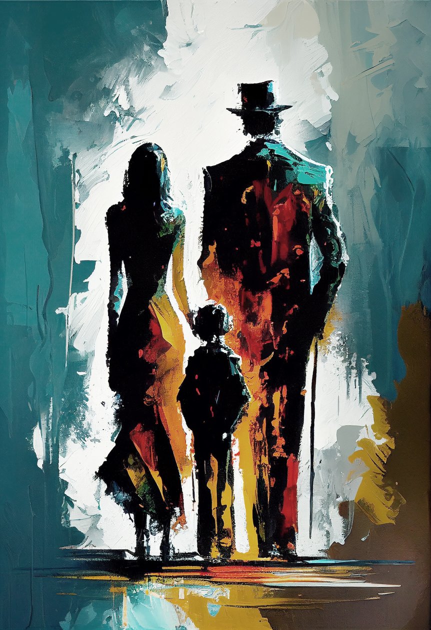 Pintura impressionista abstrata de uma família a passear na rua, impressões de arte de F. Abderrahim