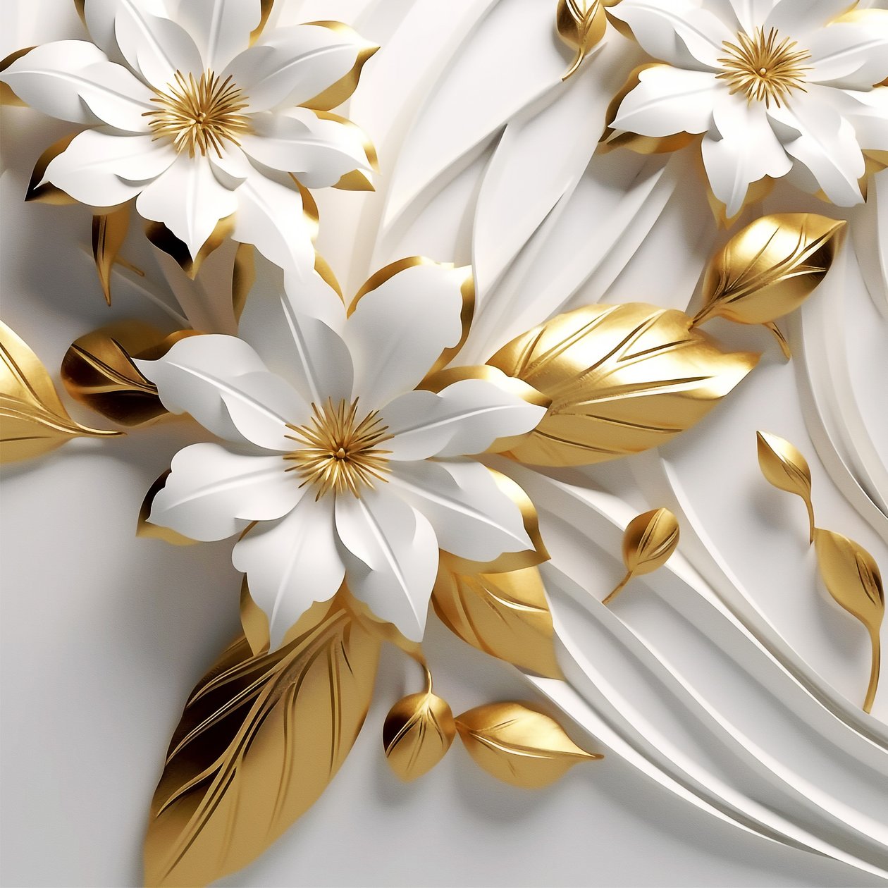 Folhas abstractas e flores brancas, textura dourada, impressões de arte de parede de F. Abderrahim