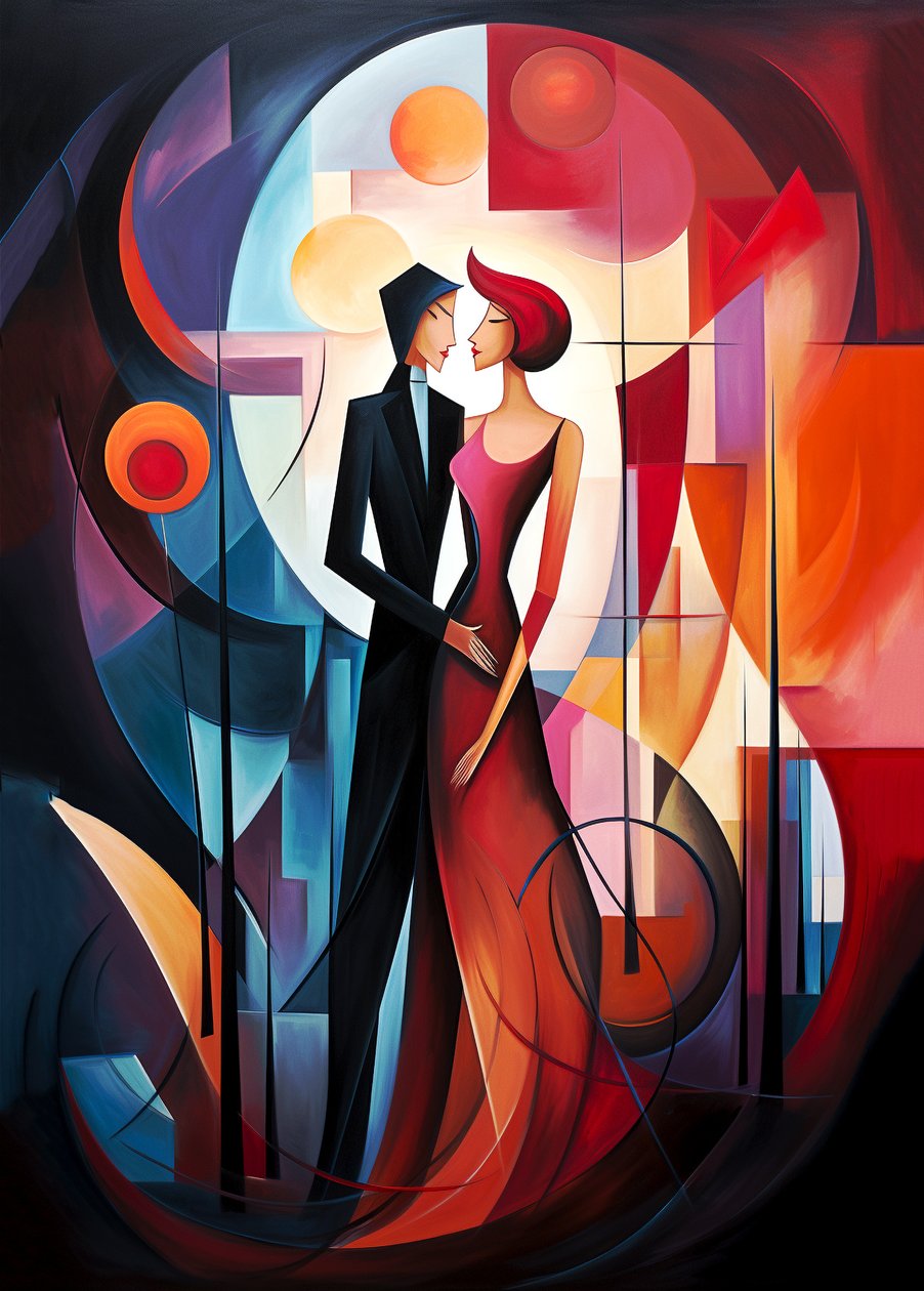 Pintura a óleo abstrata de um casal apaixonado, cores vibrantes, Arte de parede | Impressões em tela de F. Abderrahim