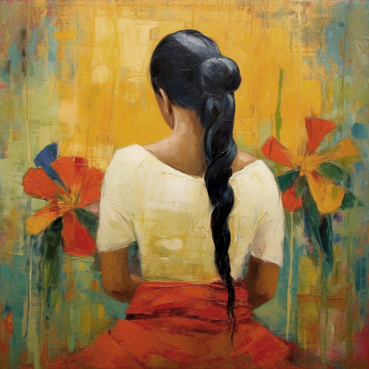 Pintura abstrata: mulher mexicana vista de trás, arte de parede, decoração de sala de estar de F. Abderrahim