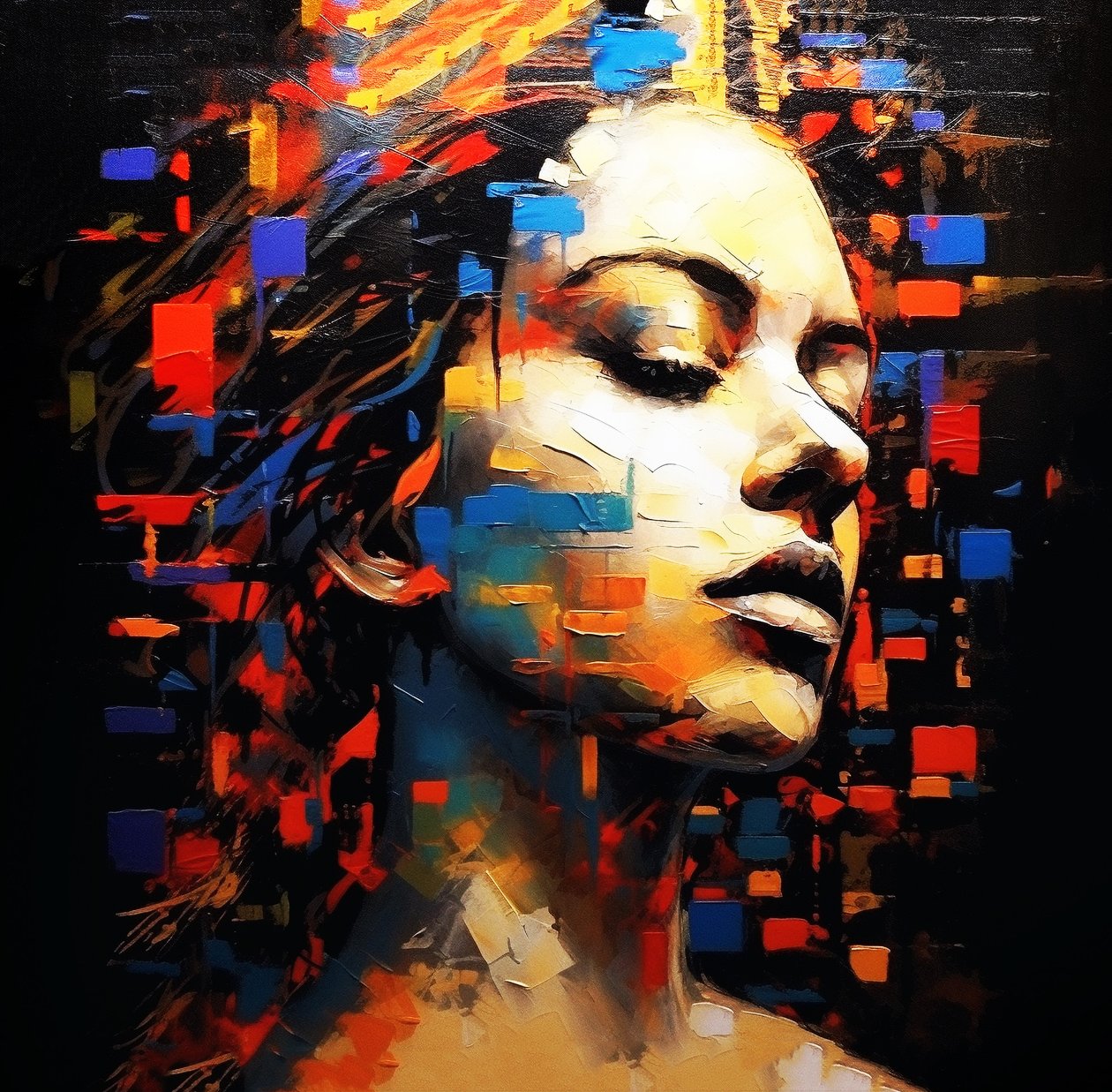 Pintura abstrata retrato feminino perfil fundo preto, Arte de parede | Impressões em tela de F. Abderrahim