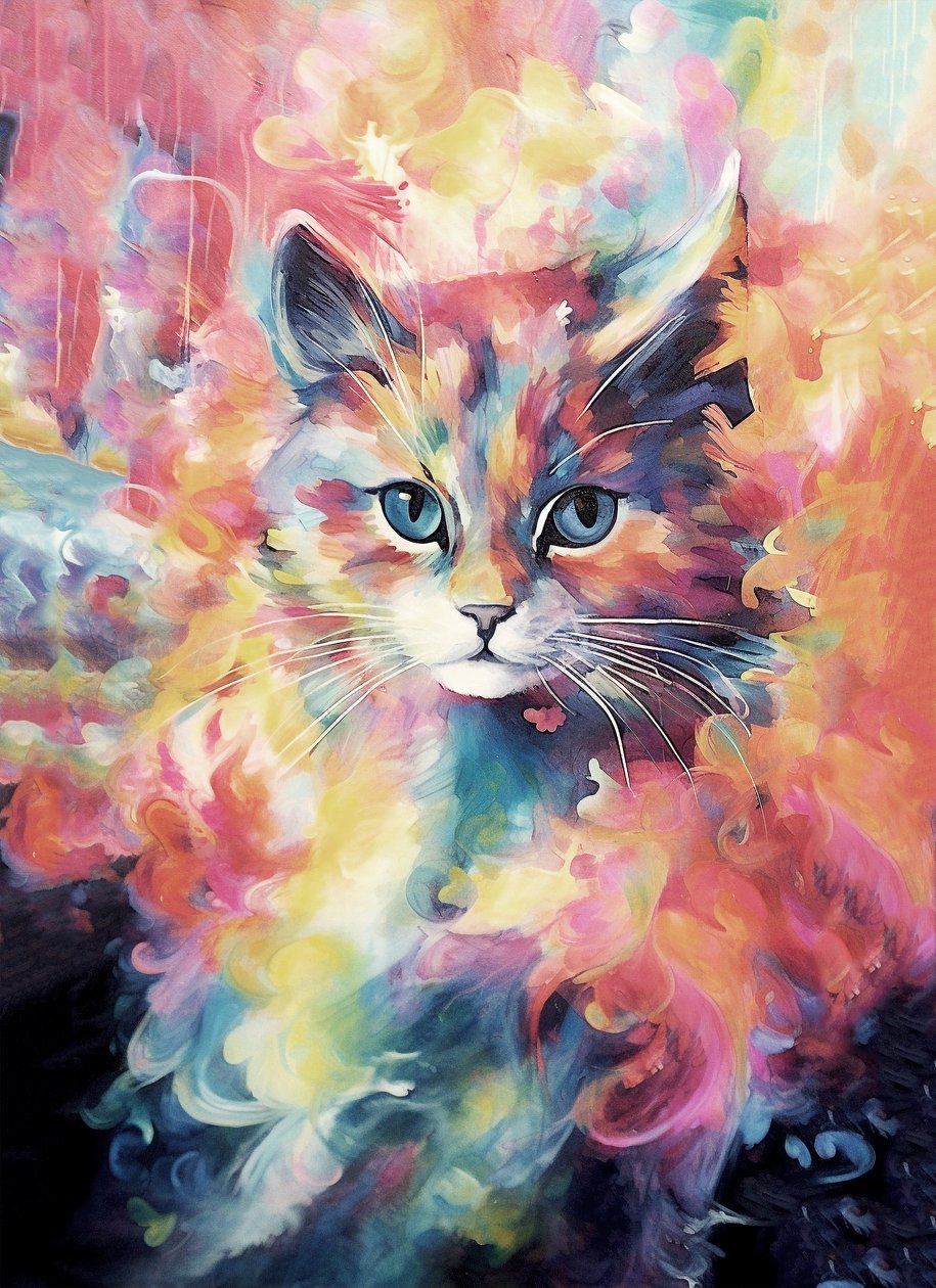 Pintura abstrata de um animal de estimação, um gato em cores vivas e brilhantes, impressões de arte de parede de F. Abderrahim