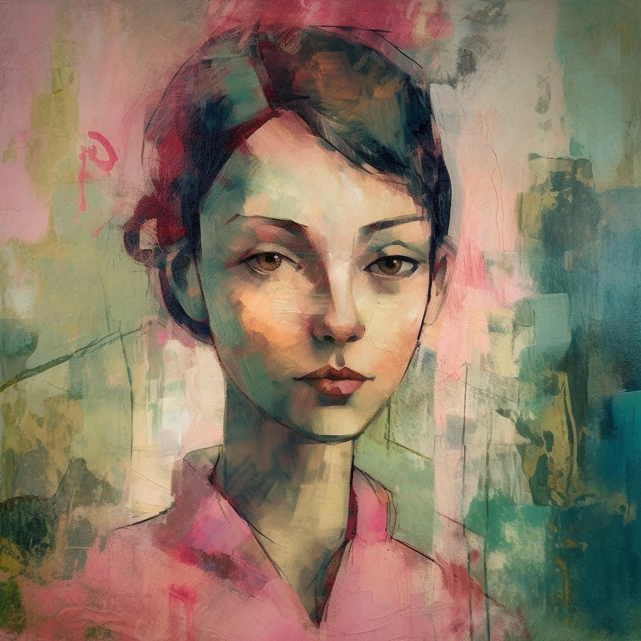 Retrato abstrato de uma jovem mulher, ao estilo Maurice Denis, impressões artísticas de F. Abderrahim