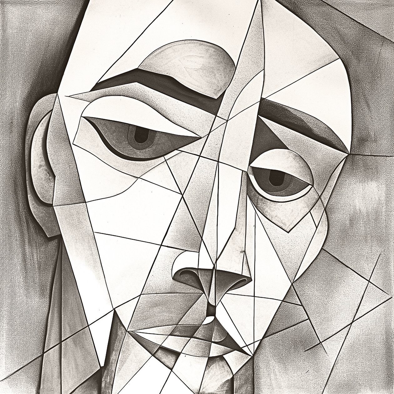 Desenho abstrato primitivo a lápis representando um retrato facial melancólico de F. Abderrahim