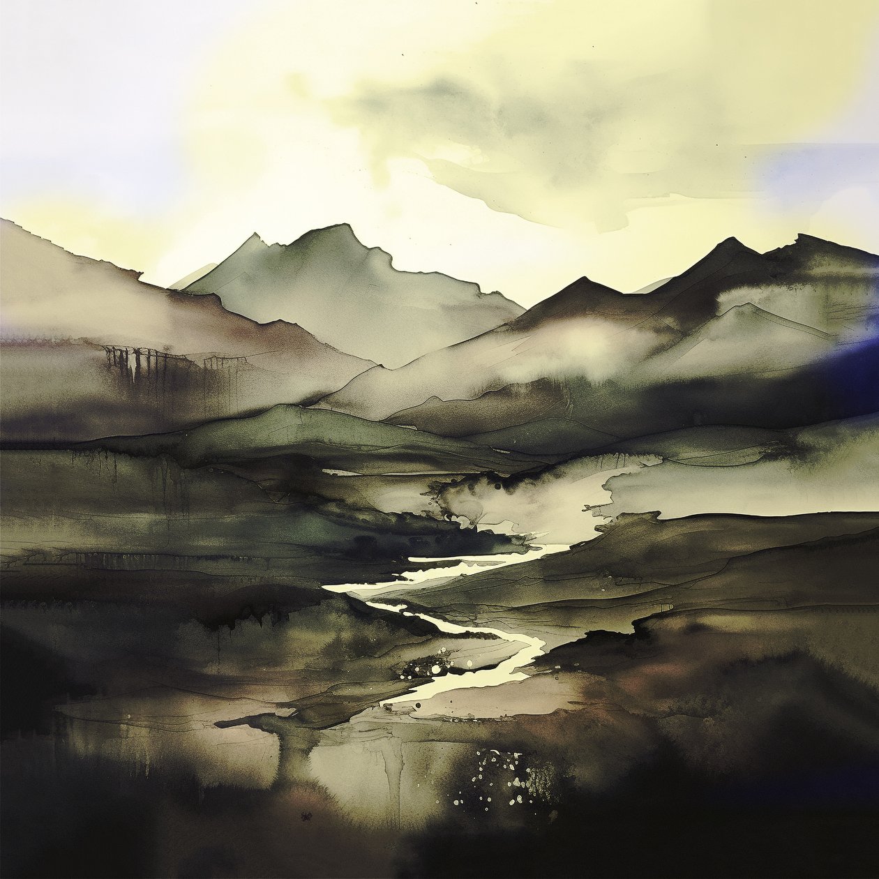 Paisagem abstrata em aguarela roxo escuro e azul | Impressões em Tela de F. Abderrahim