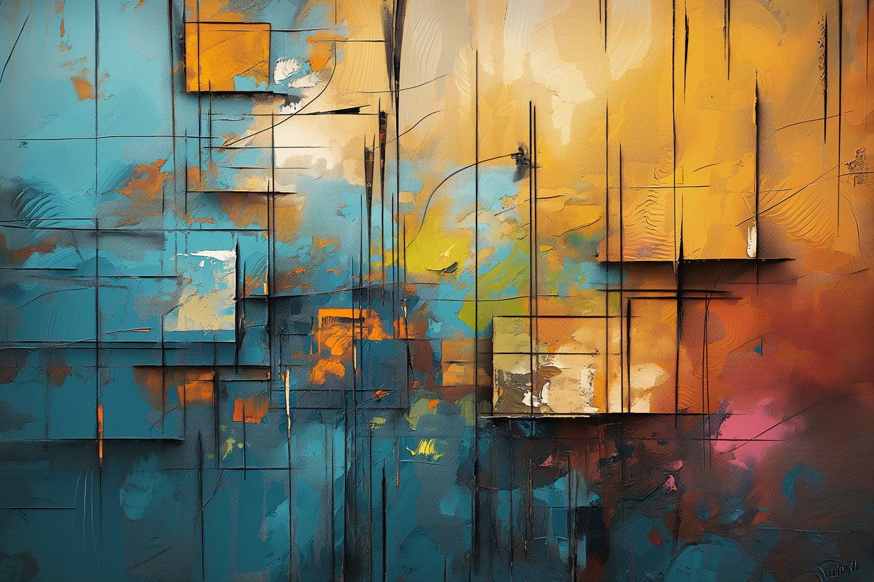 Pintura acrílica sobre tela, azul, laranja e amarelo, decoração de parede do quarto de F. Abderrahim