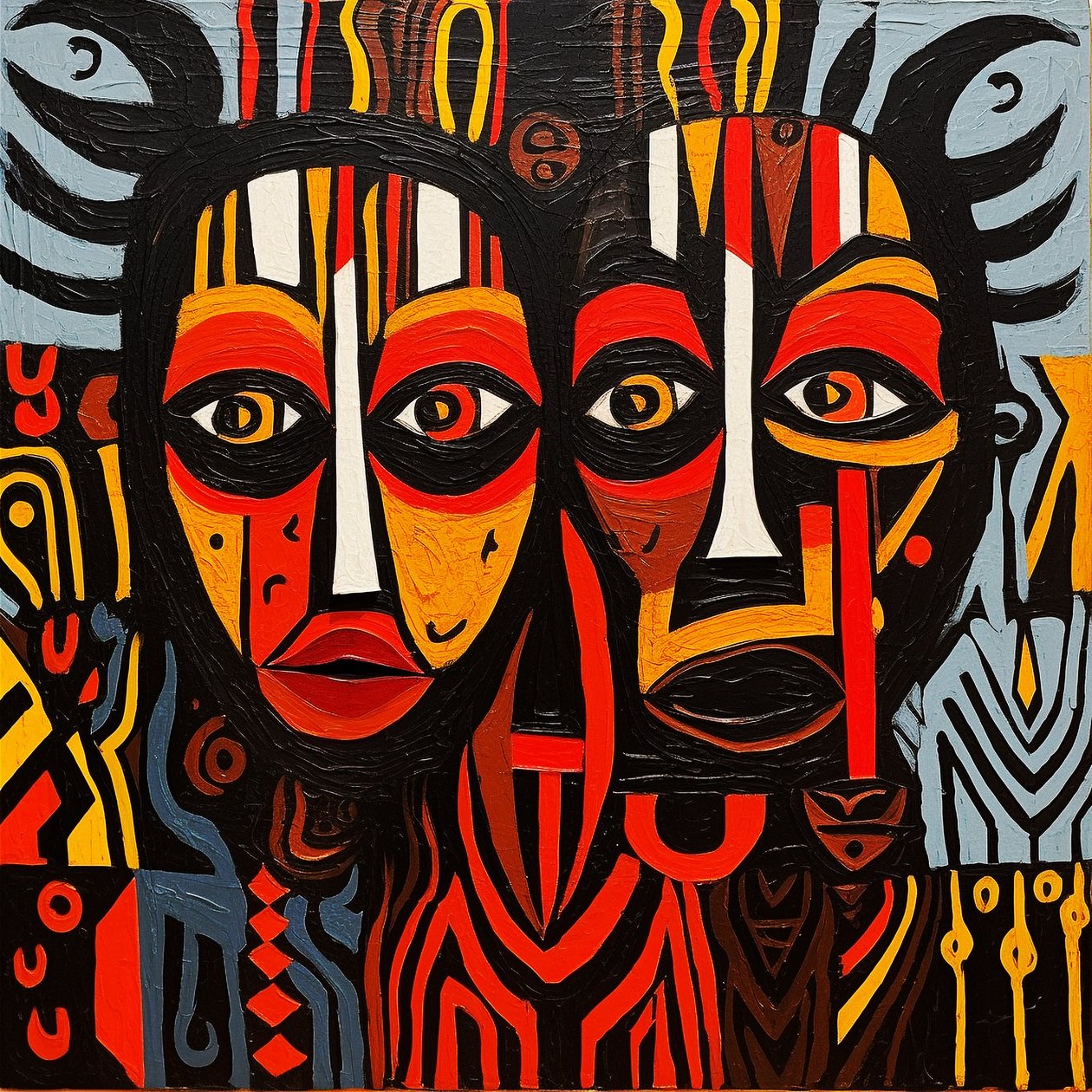 Rostos tribais africanos, pintura estilo Picasso, impressão de arte mural em tela de F. Abderrahim