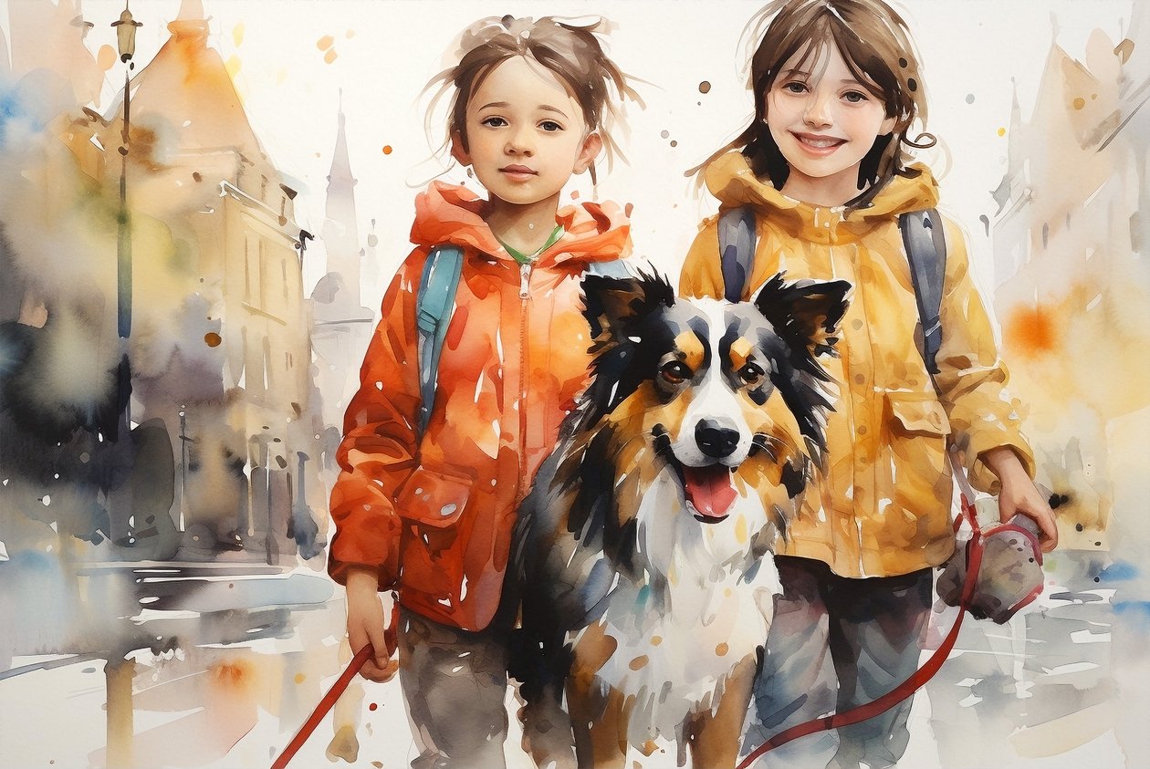 Pintura de retrato a aguarela de cão e crianças, decoração de arte de parede, impressões canva de F. Abderrahim