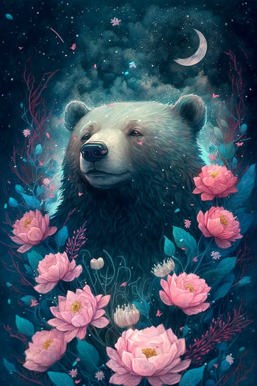 Urso numa cena de sonho de fantasia rodeado de flores, impressões de posters emoldurados de F. Abderrahim