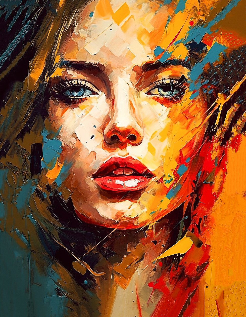 Desenho de retrato de rosto de rapariga bonita, olhos azuis, estilo impressionista, impressões de Arte em Tela de F. Abderrahim