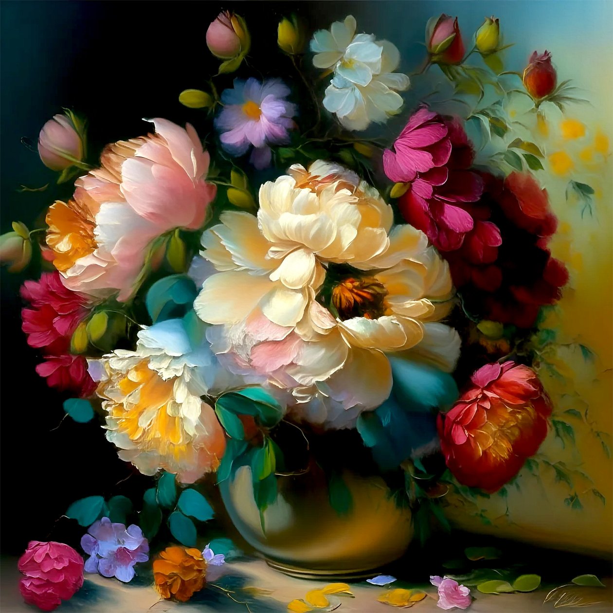 Lindas Rosas em Vaso, Pintura em Tela Arte Parede Natureza Morta Impressões, decoração de quarto de F. Abderrahim