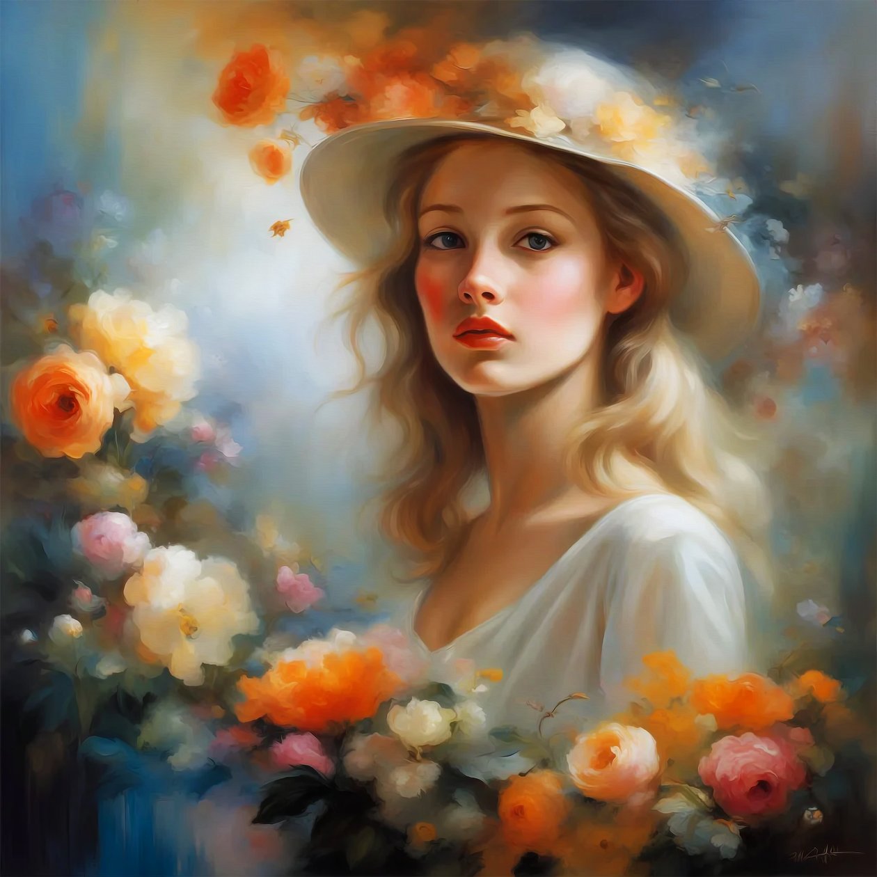 Mulher bonita em paisagem e flores, impressões de arte floral de parede de F. Abderrahim