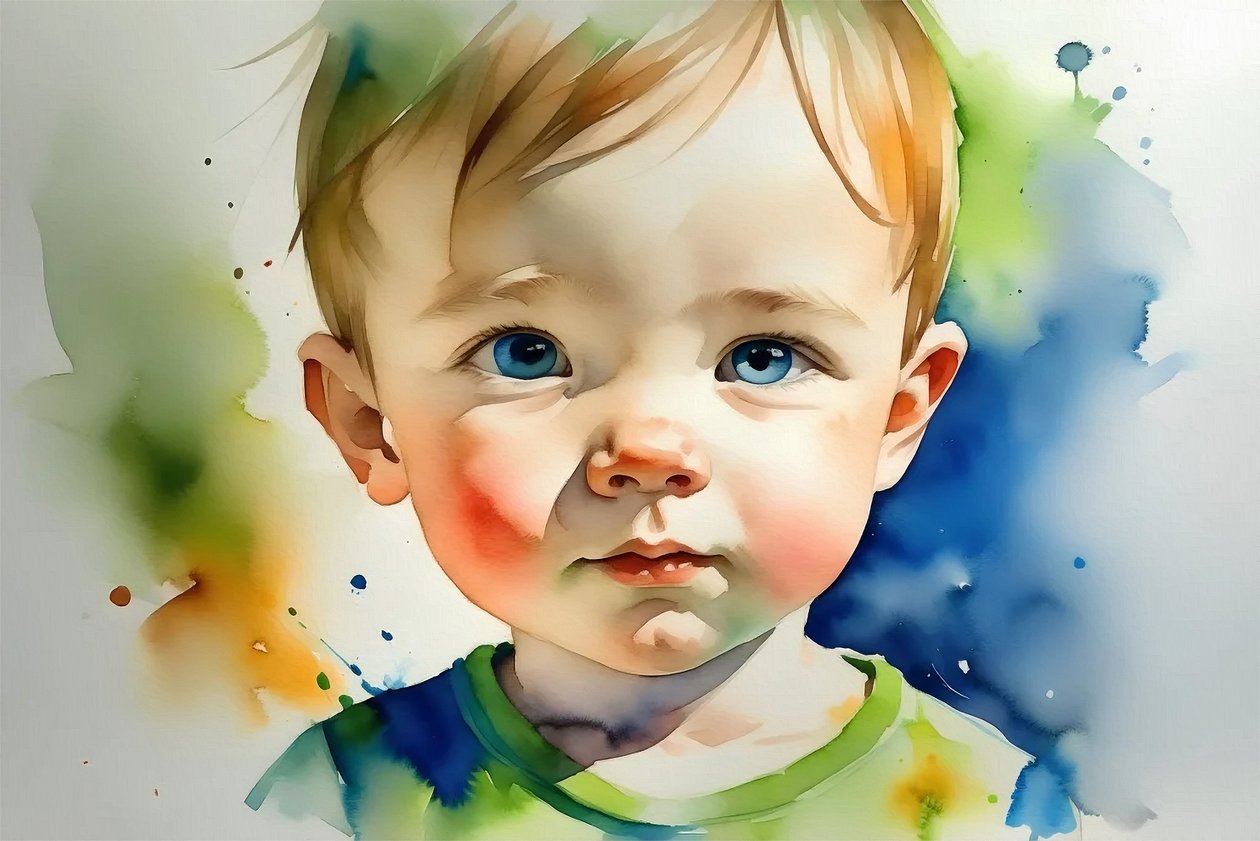 Belo retrato de bebé, Pintura a aguarela sobre tela, decoração de quarto de parede, cores vivas de F. Abderrahim