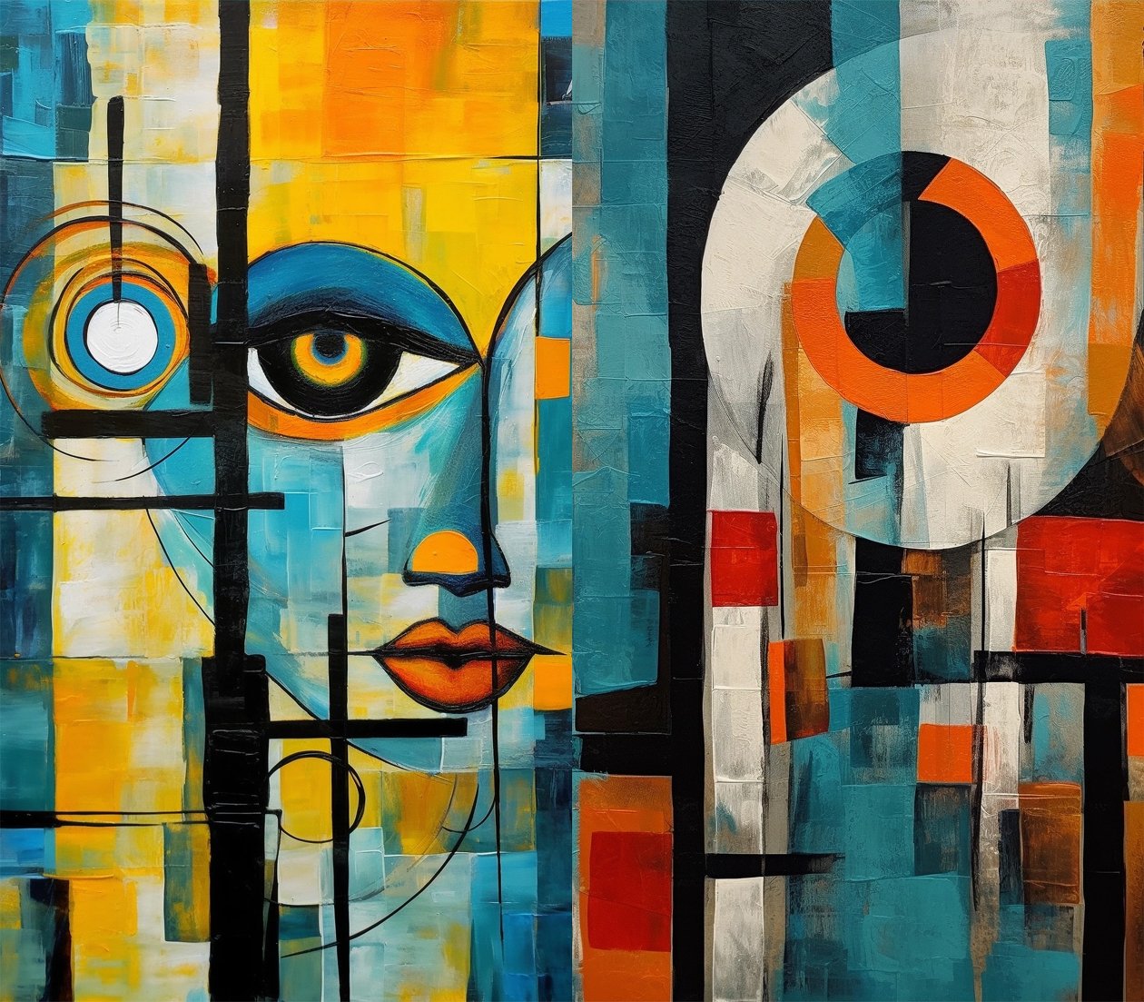 Bela pintura cubista, rosto feminino em cores vivas, impressões de arte de parede de F. Abderrahim