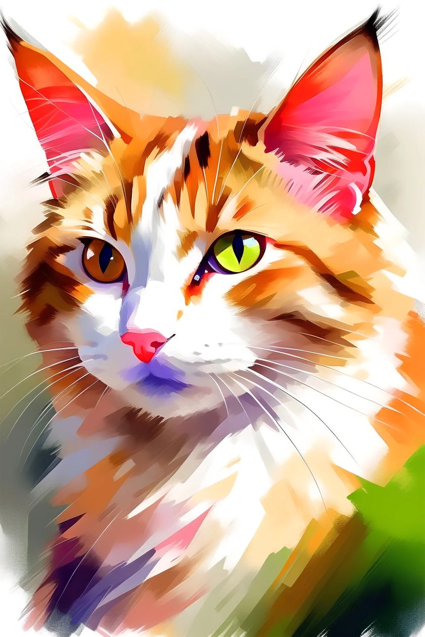 Pintura de animal de estimação de gato bonito na vertical Tela, decoração de parede do quarto, cores vivas de F. Abderrahim