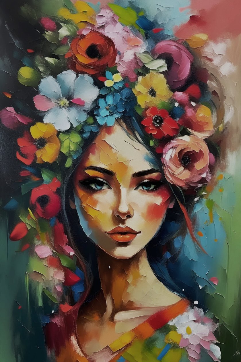 Rapariga bonita rodeada de flores em tela, impressões de arte de parede floral de F. Abderrahim