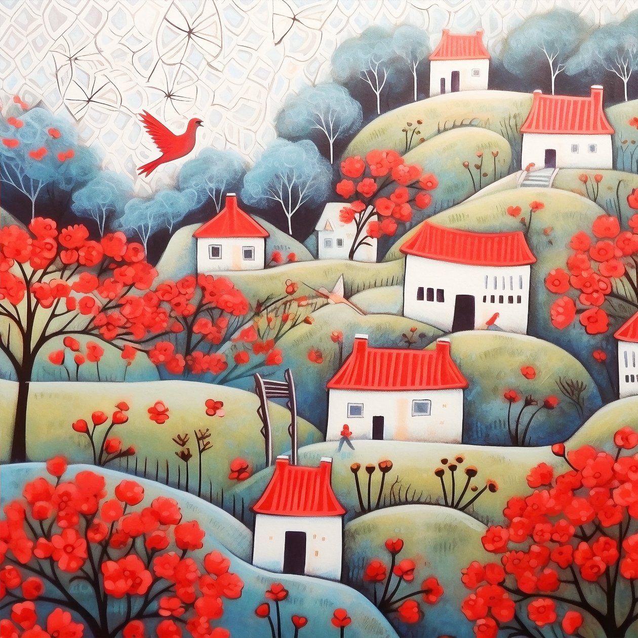 Casas bonitas numa paisagem vermelha e púrpura, uma pintura surrealista, impressões em tela de F. Abderrahim