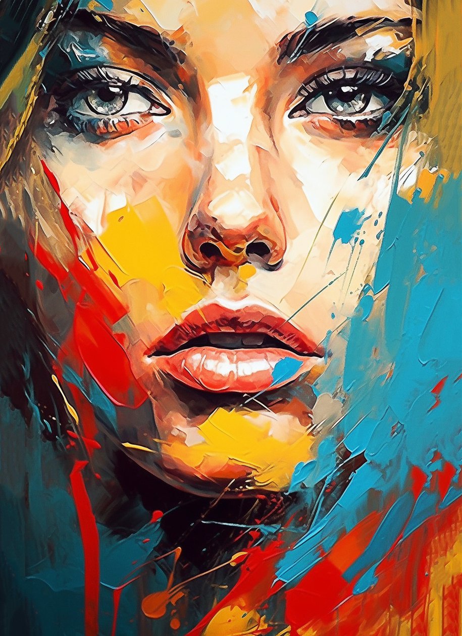 Desenho de retrato de rosto de mulher bonita, olhos azuis, estilo expressionista, impressões murais de F. Abderrahim